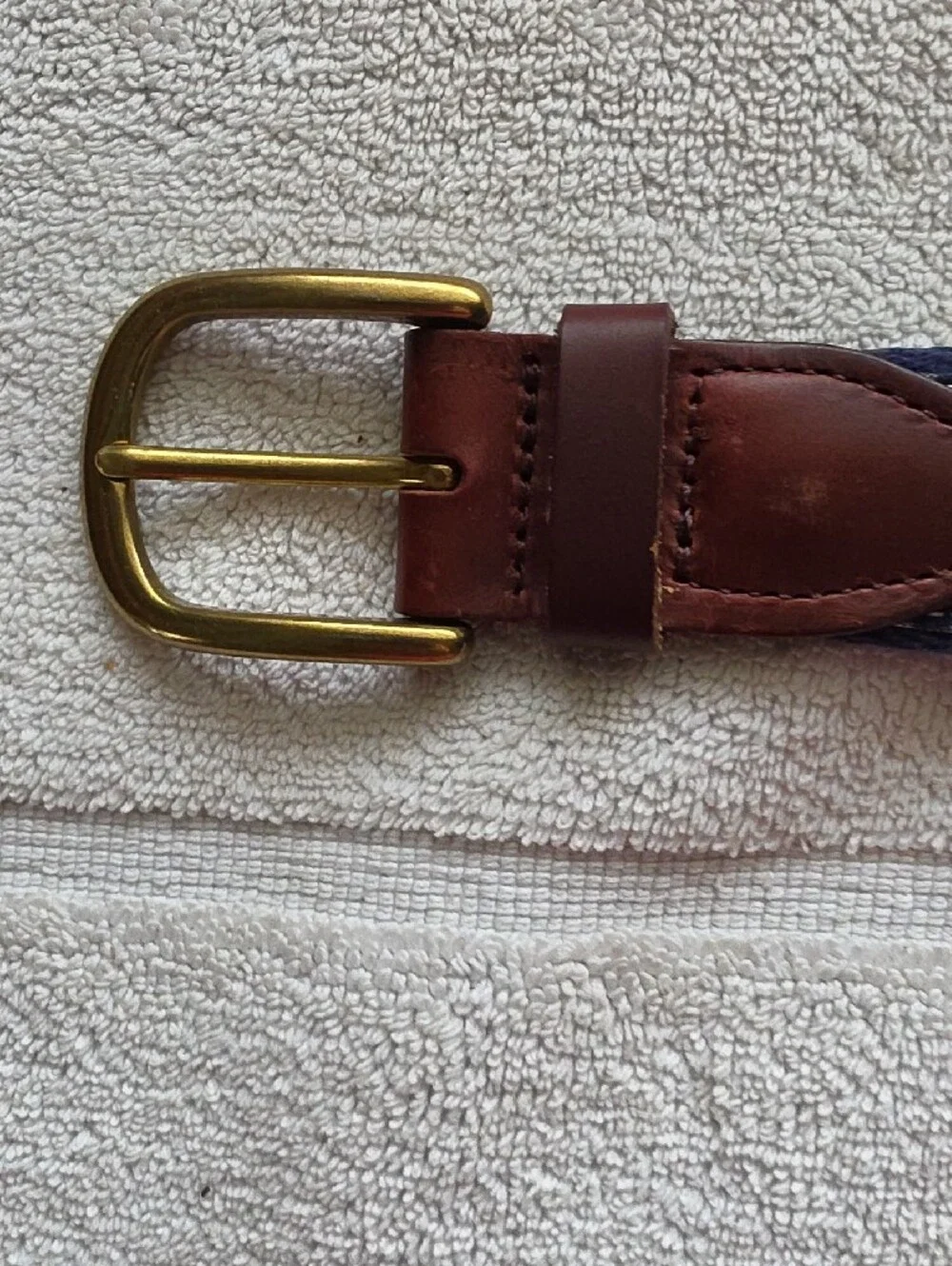 YRI Brown Leather Belt — Embossed USA Made Logo Navy And White Gingham Size 42